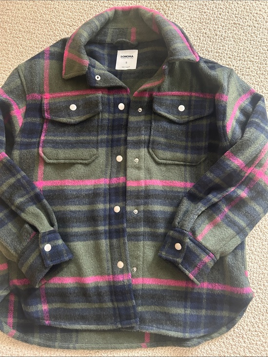 Sonoma Jackets & Blazers - Sonoma Olive Plaid Shirt Jacket with Pink Stripes